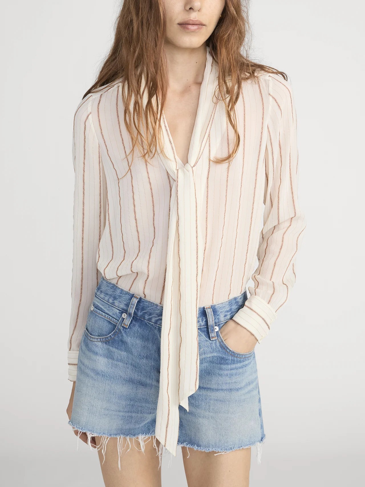 Frame Striped Silk Tie Blouse in Cream Multi