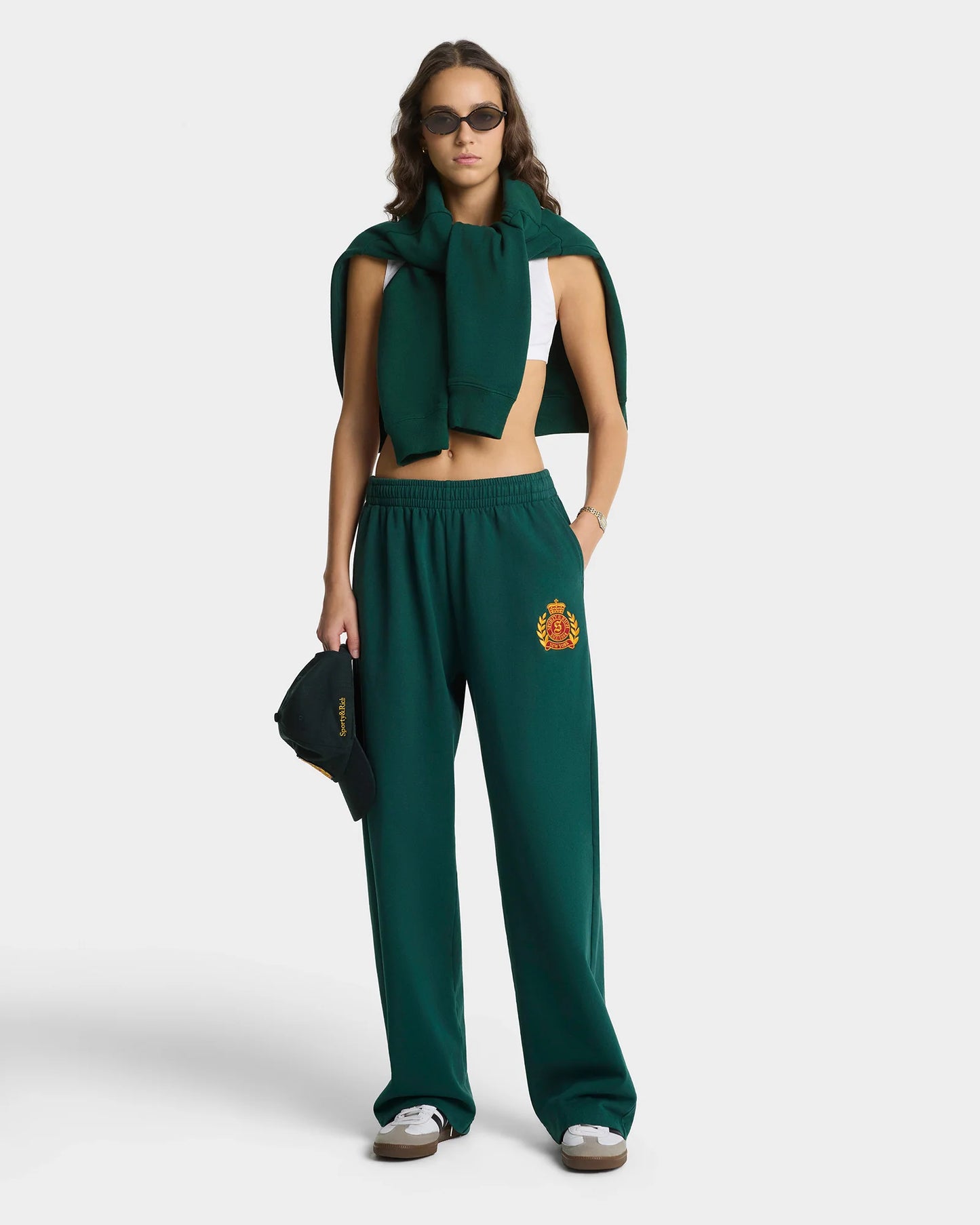 Sporty & Rich NY Crest Embroidered Wide Sweatpant in Forest