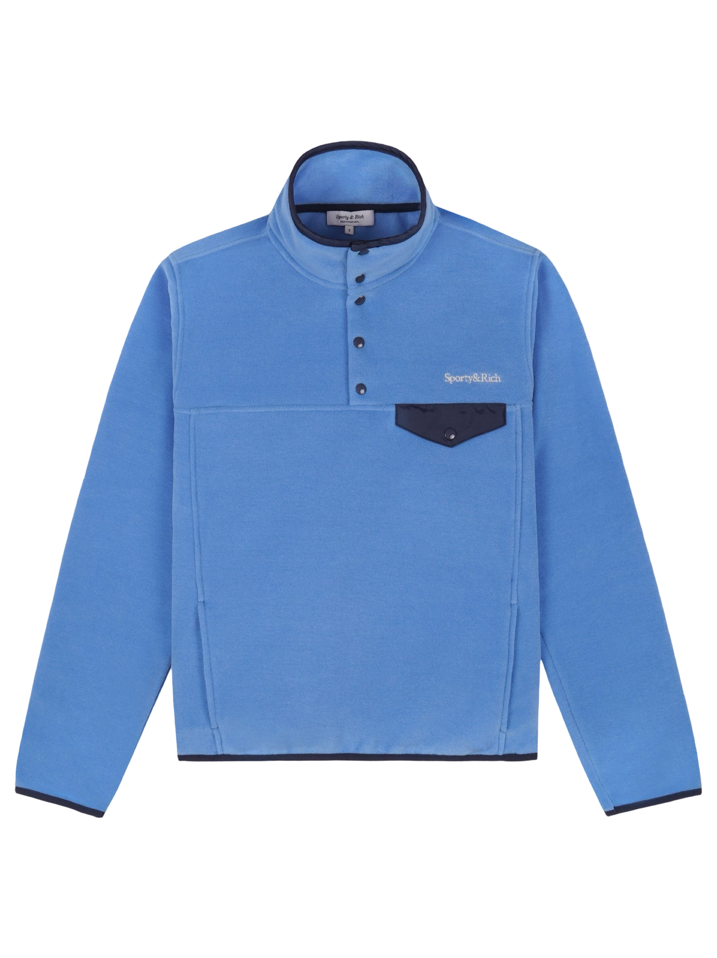 Sporty & Rich Serif Logo Buttoned Polar Sweatshirt in Azure/Light Navy