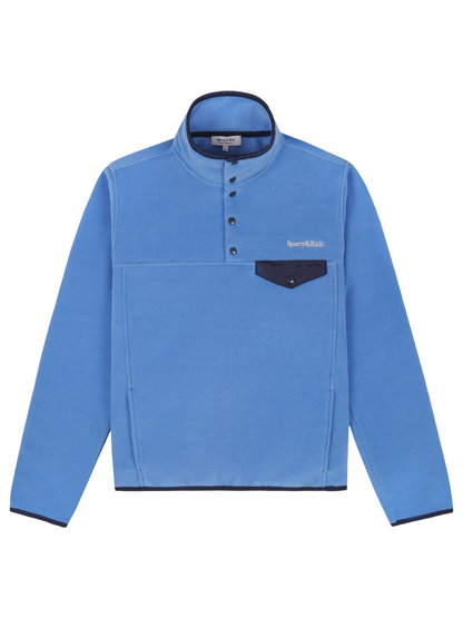 Sporty & Rich Serif Logo Buttoned Polar Sweatshirt in Azure/Light Navy
