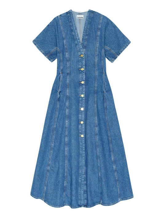 Ganni Future Denim Maxi Dress in Mid Blue Stone
