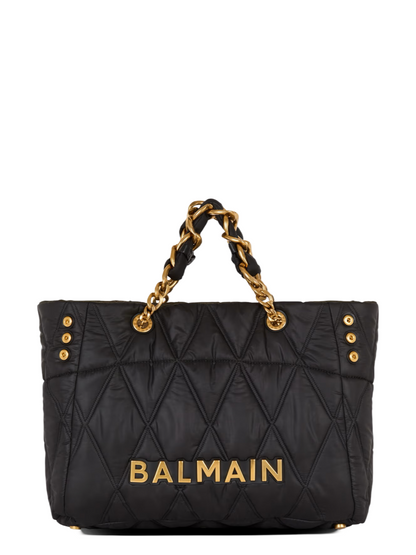 Balmain 1945 Soft Cabas-Grid Quilted Nylon Tote Bag in Noir
