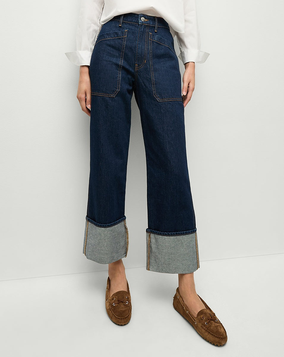 Veronica Beard Dylan Cuffed Cargo Straight-Leg Jean in Indigo