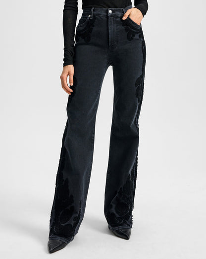 Veronica Beard Crosbie Embroidered Slim Wide-Leg Jean in Washed Onyx