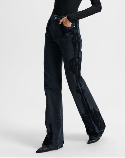 Veronica Beard Crosbie Embroidered Slim Wide-Leg Jean in Washed Onyx