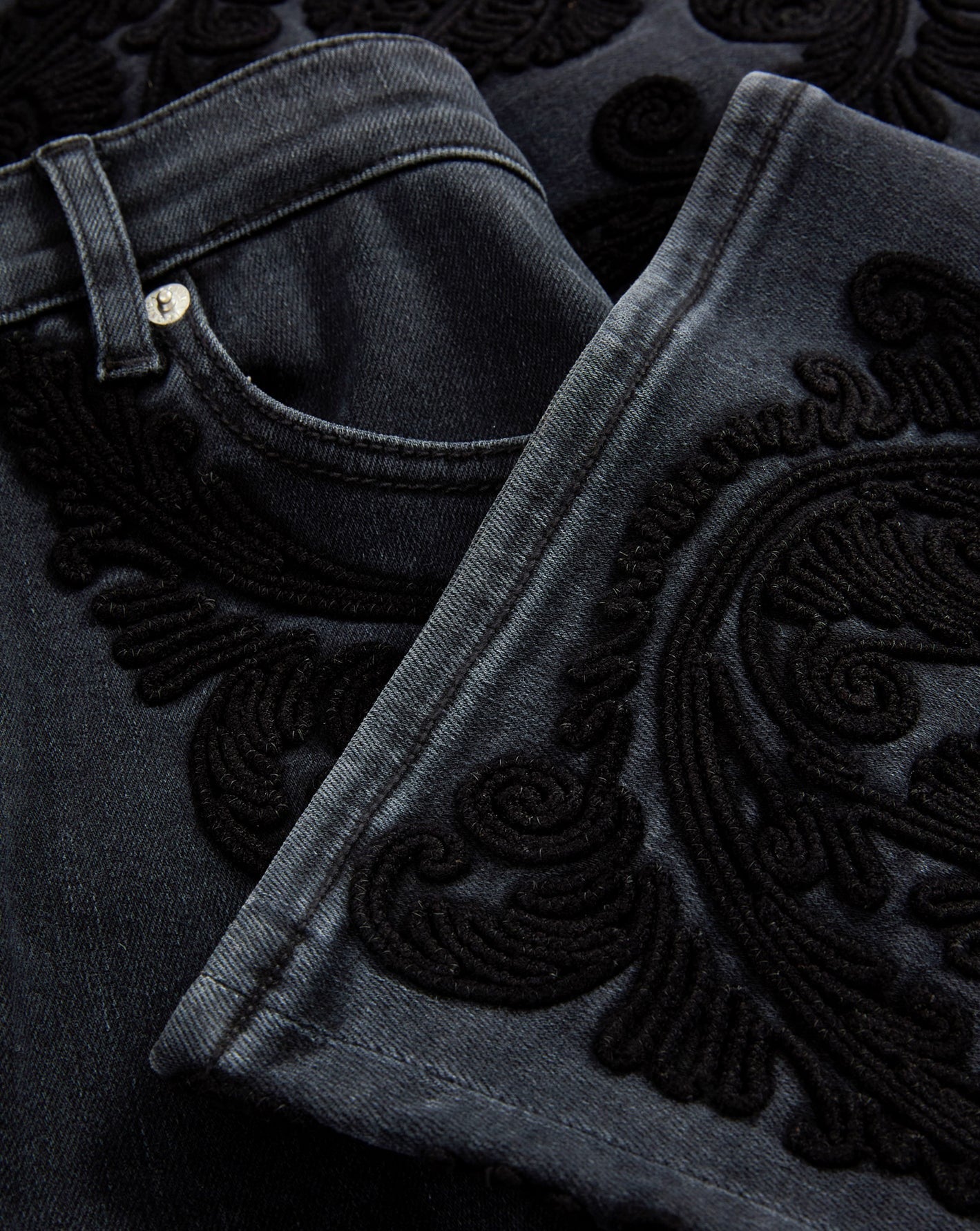 Veronica Beard Crosbie Embroidered Slim Wide-Leg Jean in Washed Onyx