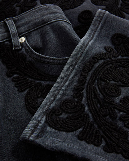 Veronica Beard Crosbie Embroidered Slim Wide-Leg Jean in Washed Onyx