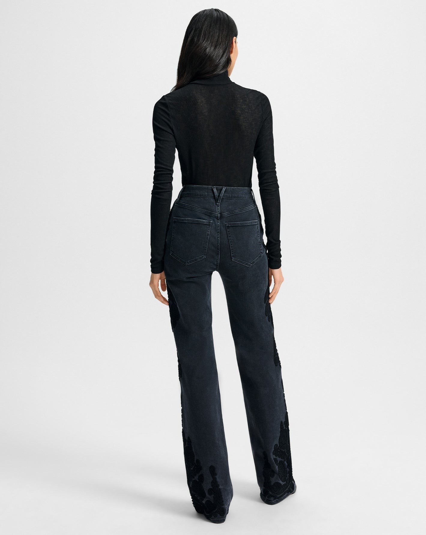 Veronica Beard Crosbie Embroidered Slim Wide-Leg Jean in Washed Onyx