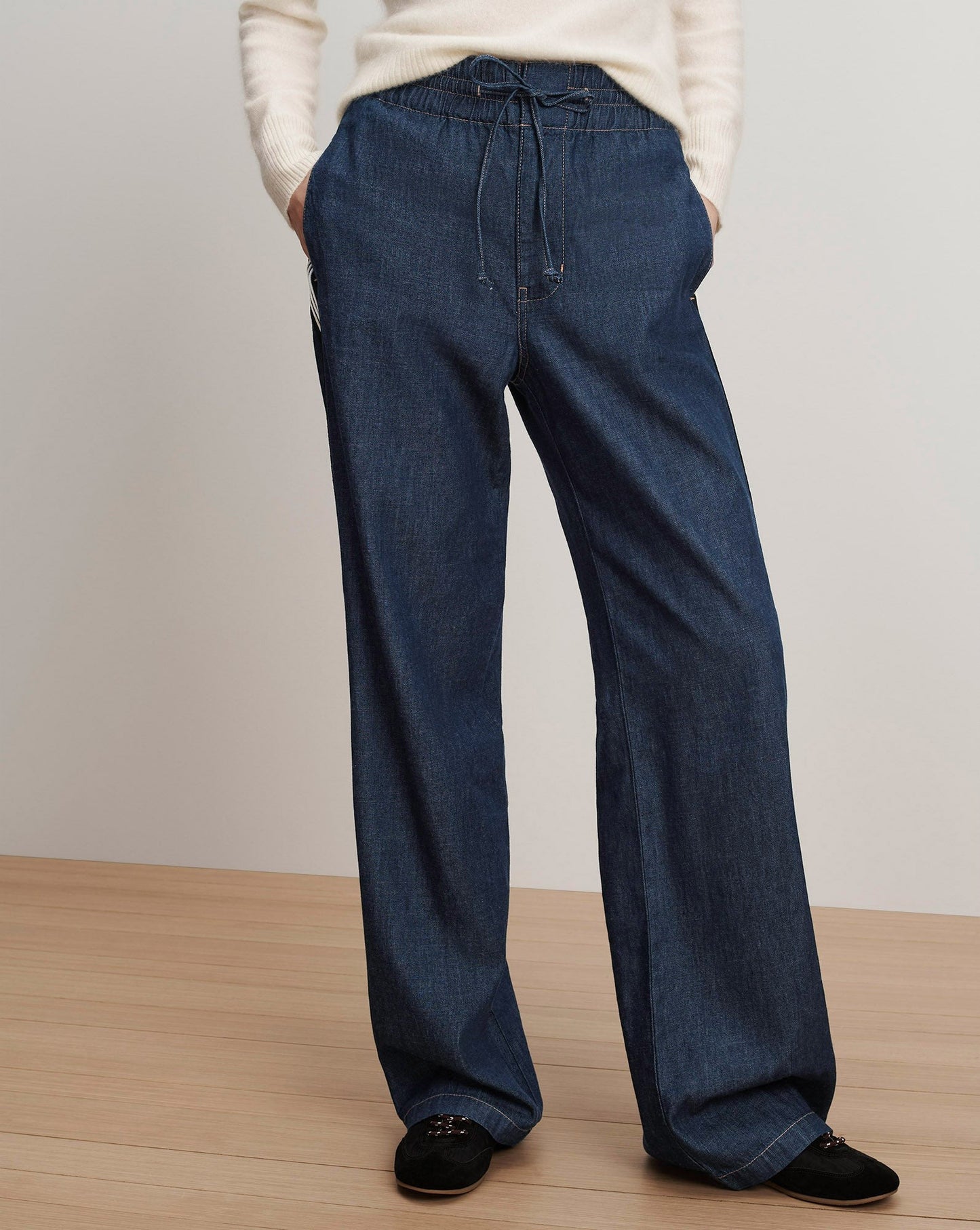 Veronica Beard Taylor Track-Stripe Wide-Leg Jean in Indigo Rinse