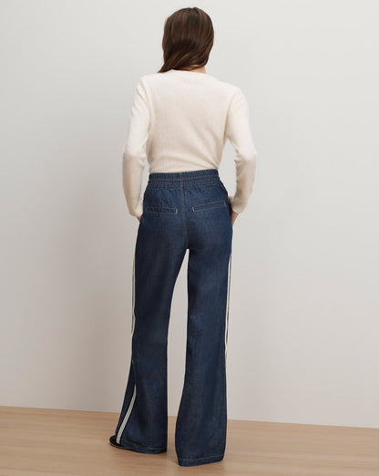 Veronica Beard Taylor Track-Stripe Wide-Leg Jean in Indigo Rinse