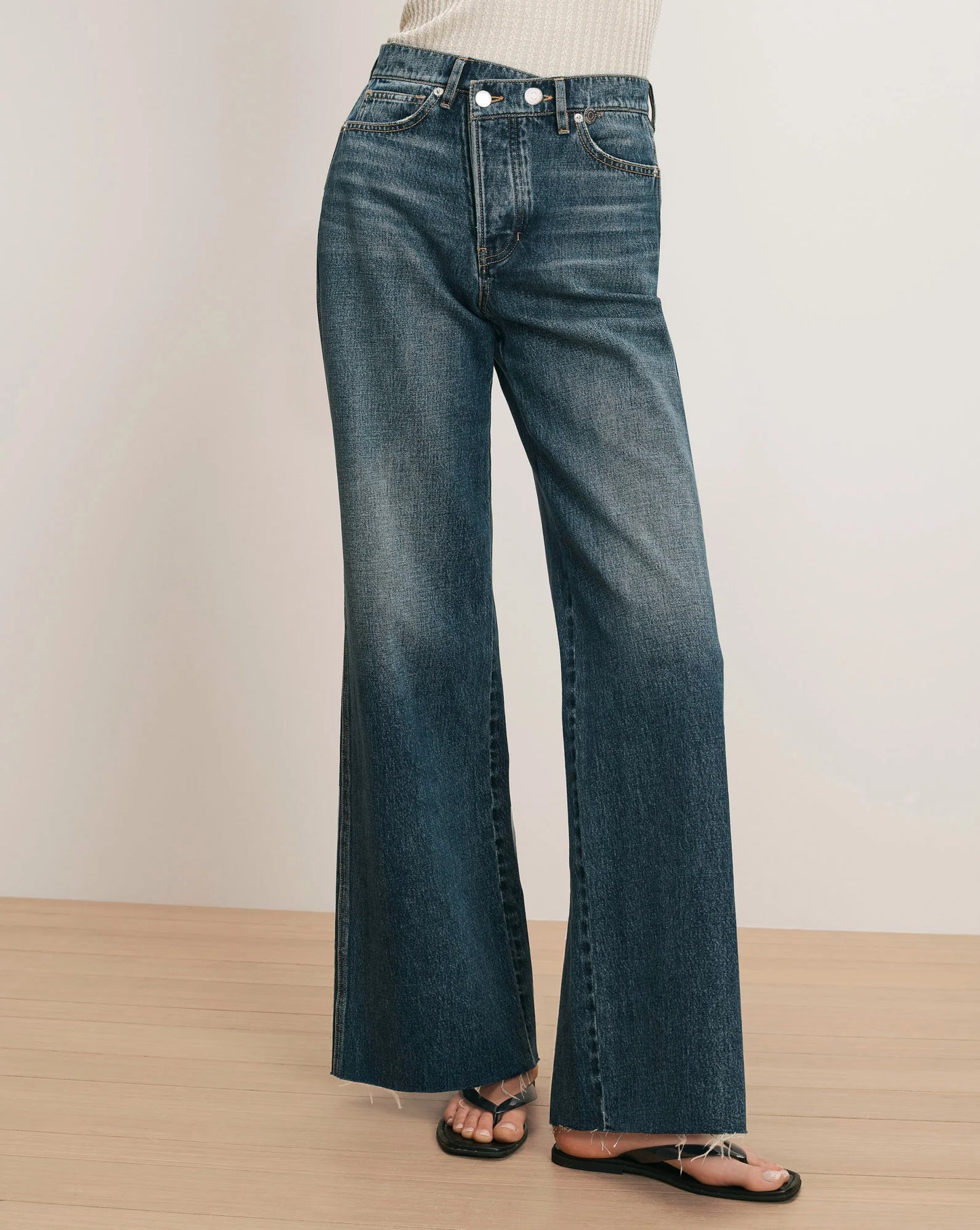 Veronica Beard Taylor Crossover-Waistband Wide-Leg Jean in City Lights