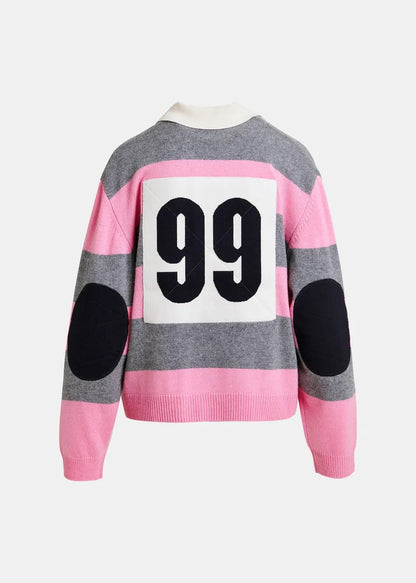 Essentiel Antwerp Pink and Grey Striped Polo with Appliqué Patch