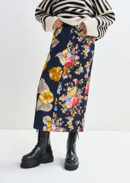 Essentiel Antwerp Jonsea Navy and Multicolor Dual Floral Print Midi Skirt
