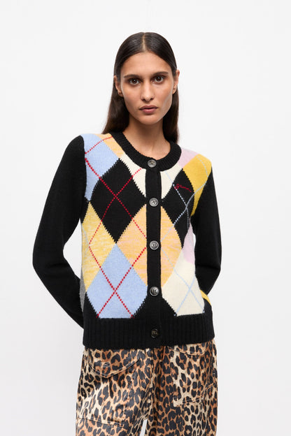 Ganni Harlequin Wool Mix Knit Cardigan in Multicolor