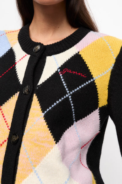 Ganni Harlequin Wool Mix Knit Cardigan in Multicolor