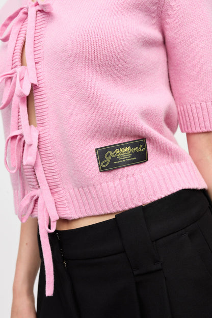 Ganni Future Wool Mix Short Sleeve Cardigan in Primrose Pink