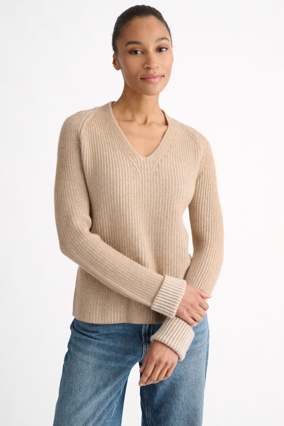 Kinross Cashmere Plaited Rib Vee Sweater in Scotch/Agate
