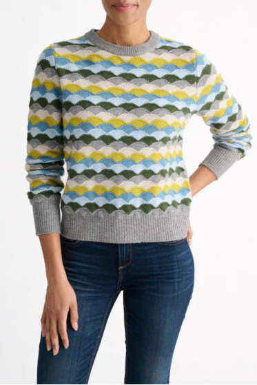 Kinross Cashmere Highland Jacquard Crew Sweater in Granite Multi