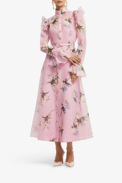 Leo Lin Butterfly Sleeve Midi Dress in Bouquet Print in Pastel Pink