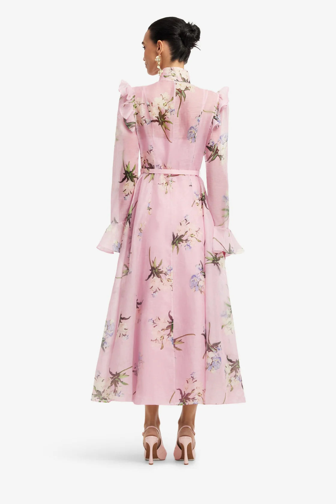 Leo Lin Butterfly Sleeve Midi Dress in Bouquet Print in Pastel Pink