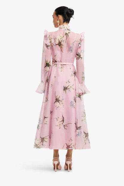 Leo Lin Butterfly Sleeve Midi Dress in Bouquet Print in Pastel Pink