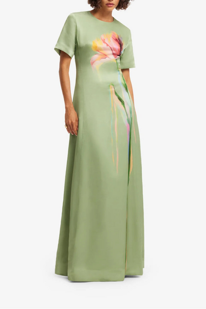 Leo Lin Short Sleeve Maxi Dress in Tulip Print in Green