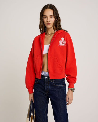 Sporty & Rich Royal Club Zipped Cropped Hoodie in Bright Red