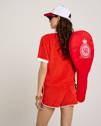 Sporty & Rich Serif Logo Terry Shorts in Bright Red