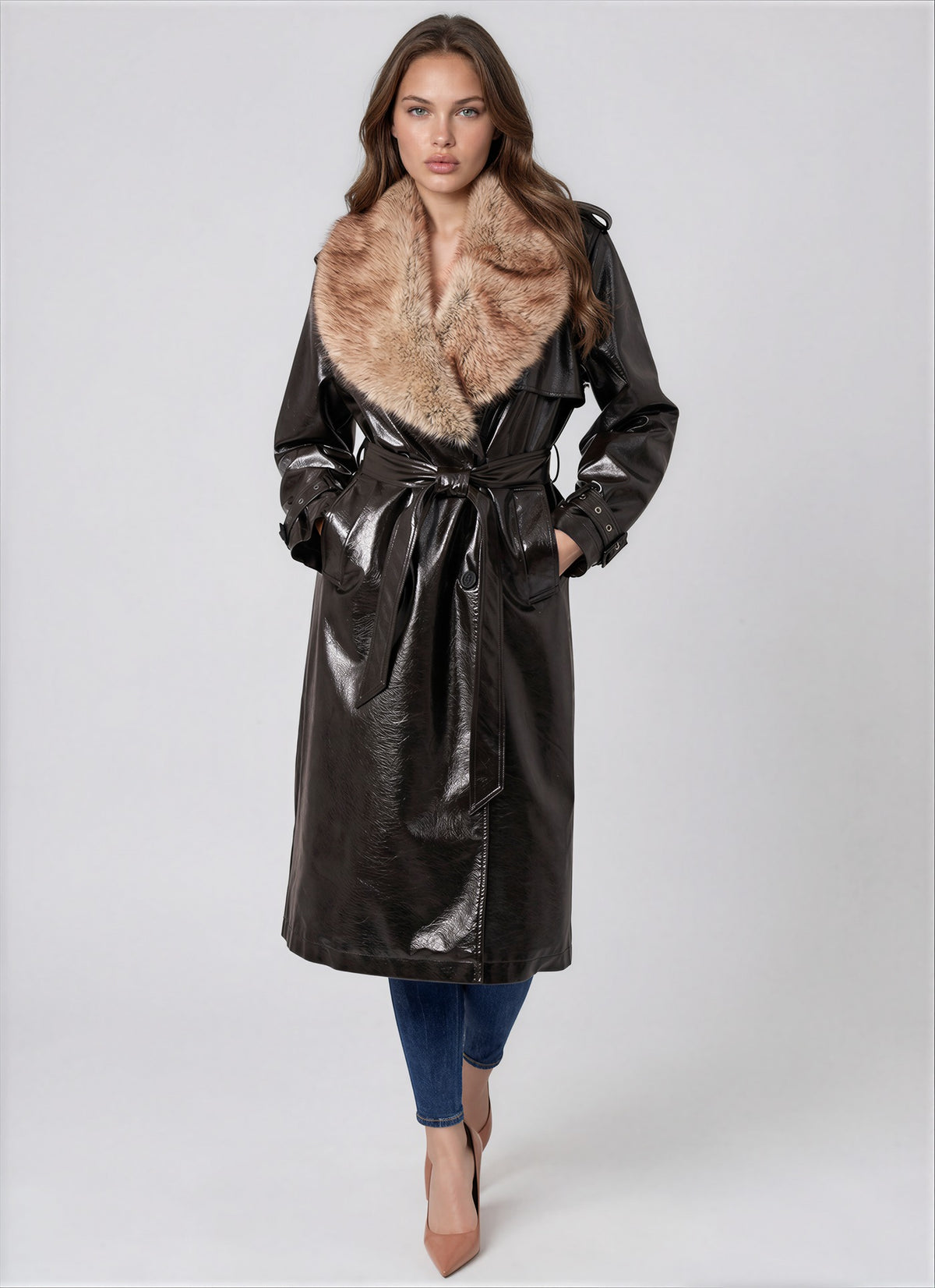 Love Token Nancy Faux Fur & Leather Trench in Brown