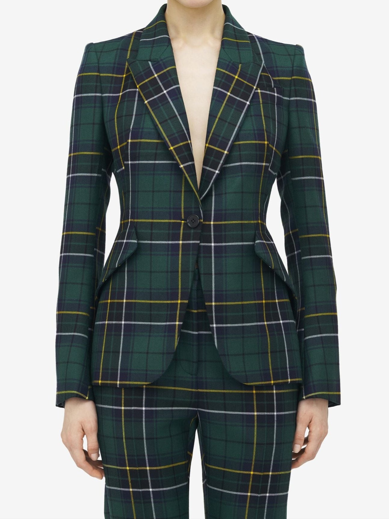 Alexander McQueen Wool Tartan Peak Shoulder Jacket in Navy/Green/Yellow
