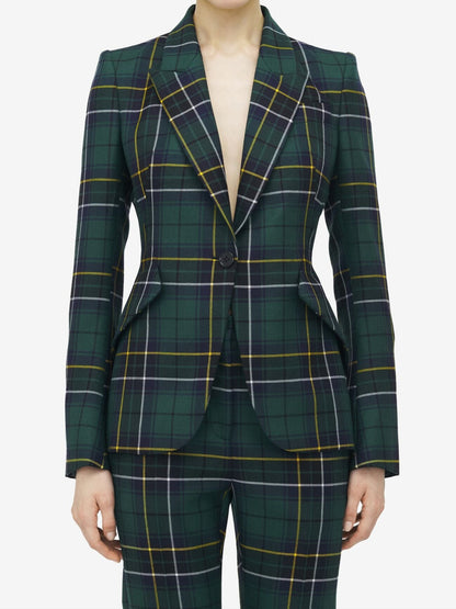 Alexander McQueen Wool Tartan Peak Shoulder Jacket in Navy/Green/Yellow