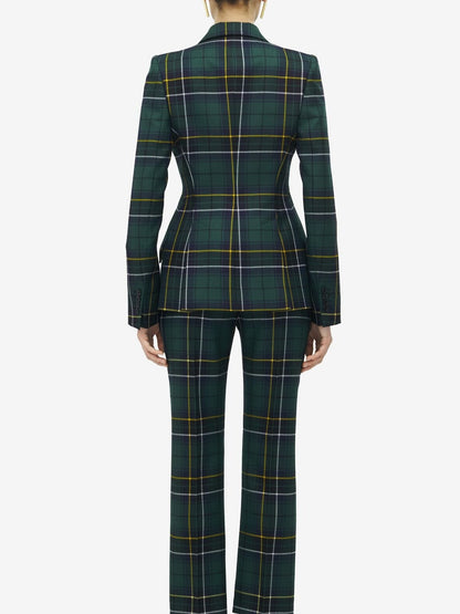 Alexander McQueen Wool Tartan Peak Shoulder Jacket in Navy/Green/Yellow