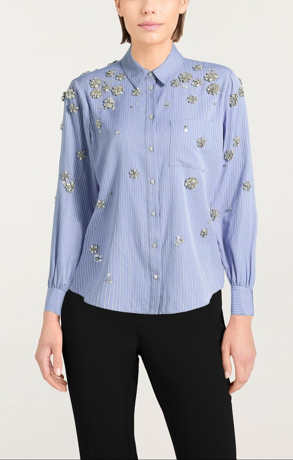 Cinq à Sept Lola Stripe Tumbling Flowers Blanche Top in Blue