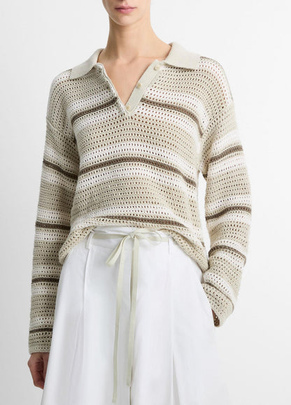 Vince Mesh Stripe Button Polo in White Stone Combo