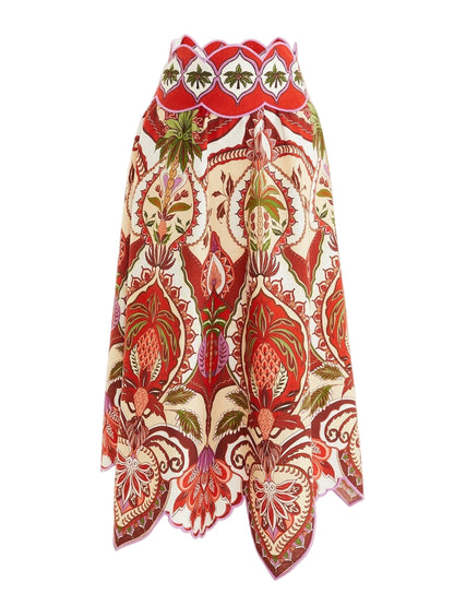 Farm Rio Odara Red Scallops Midi Skirt
