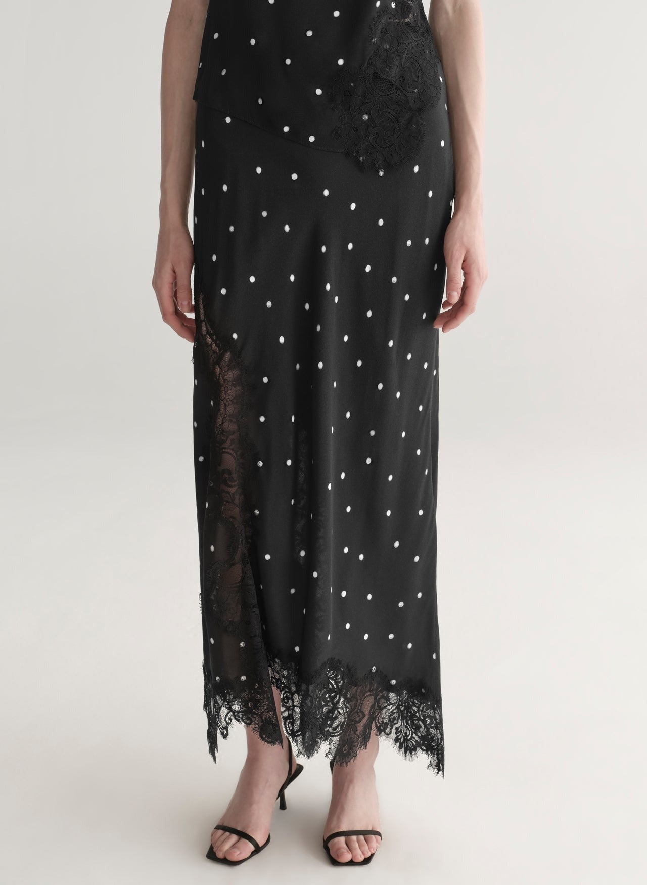 A.L.C. Olivia Polka Dot Crepe and Lace Midi Skirt in Black/Cream