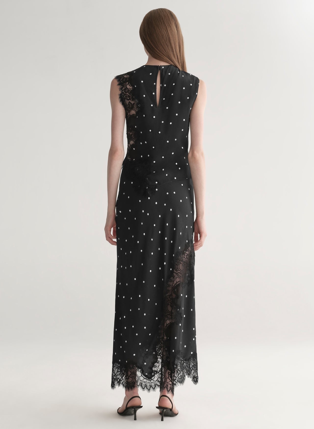 A.L.C. Olivia Polka Dot Crepe and Lace Midi Skirt in Black/Cream