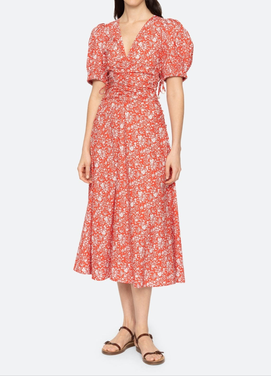 Sea Lucille Liberty Print Short Sleeve Midi Dress in Red