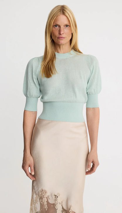 Smythe Cropped Pouf Sleeve Sweater in Aqua