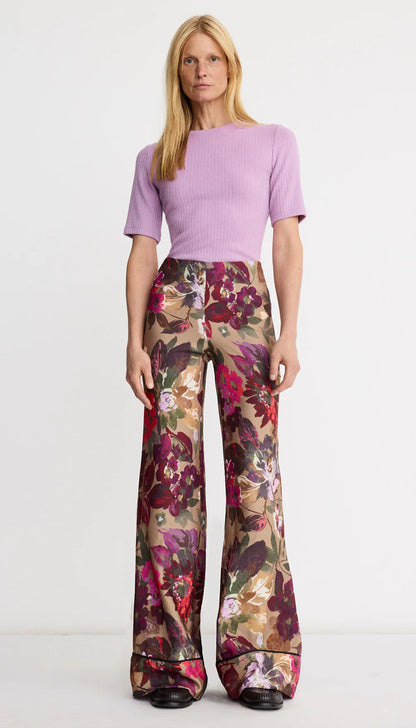 Smythe Piped Side-Zip Palazzo Pant in Tan Floral