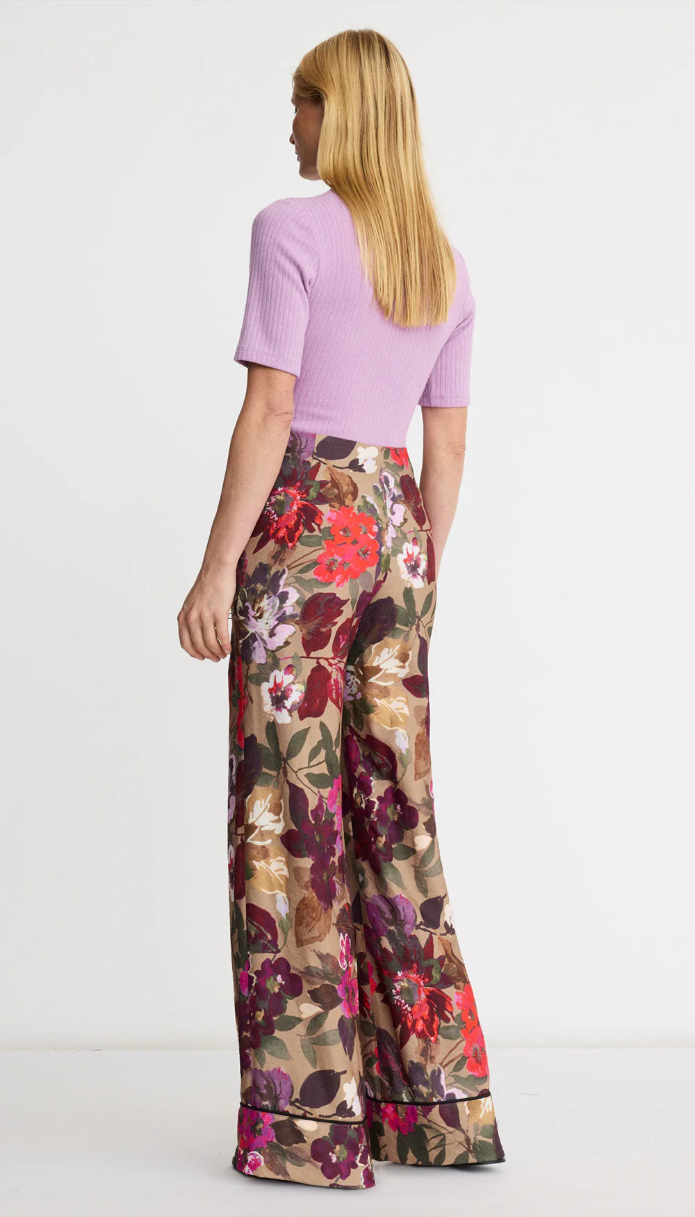 Smythe Piped Side-Zip Palazzo Pant in Tan Floral