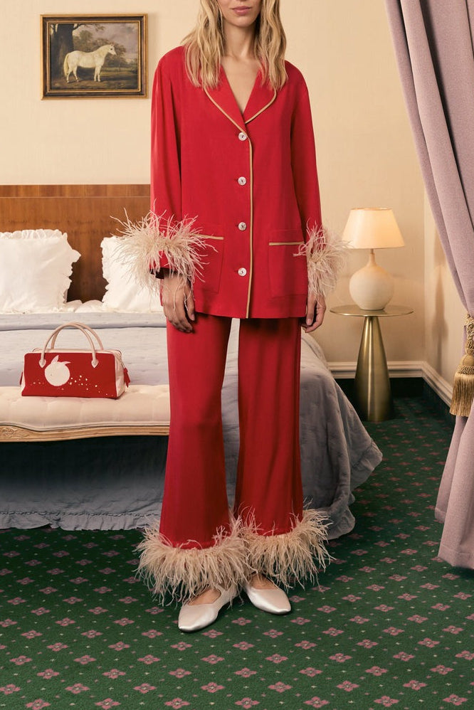 Sleeper Party Pajamas Set w/ Detachable Feathers in Red
