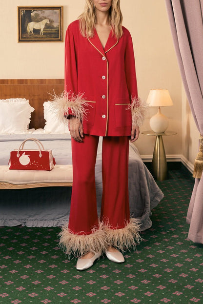 Sleeper Party Pajamas Set w/ Detachable Feathers in Red