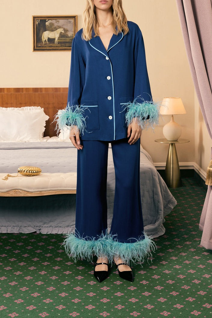 Sleeper Party Pajamas Set with Detachable Feathers in Navy