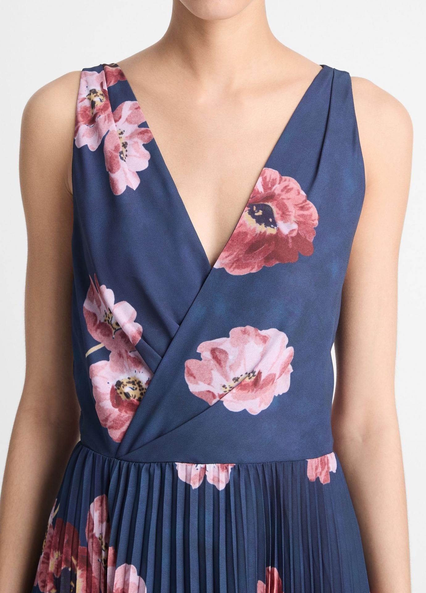 Vince Painted Poppy Pleated Draped V-Neck Dress in Marine Night