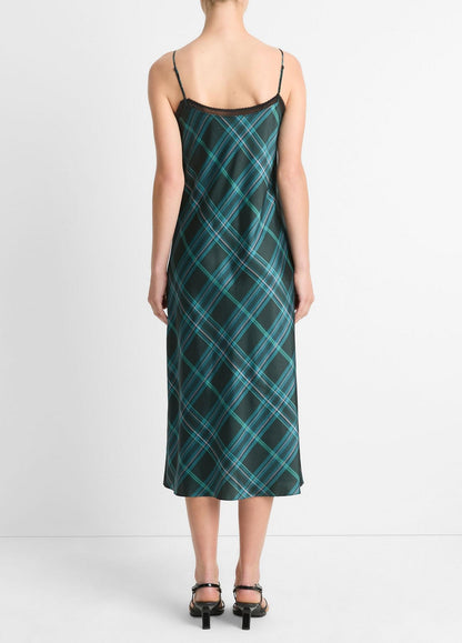 Vince Plaid Lace Trim Slip Dress in Jade Onyx