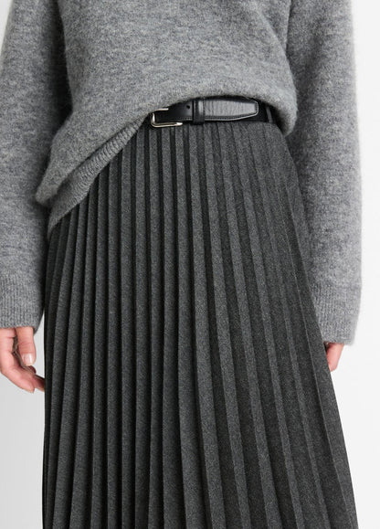 Vince Mid Rise Pleated Herringbone Midi Skirt in Charcoal