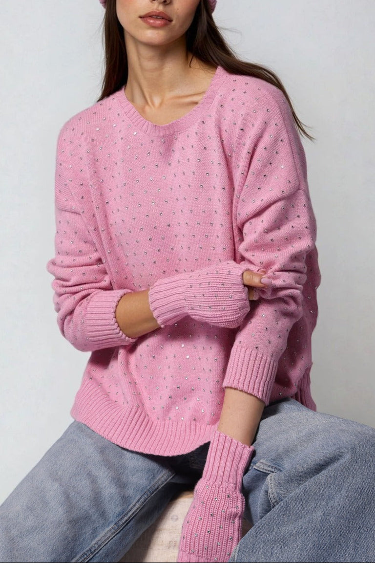 Minnie Rose Cotton Cashmere Boxy Rhinestone Crew (More Colors)