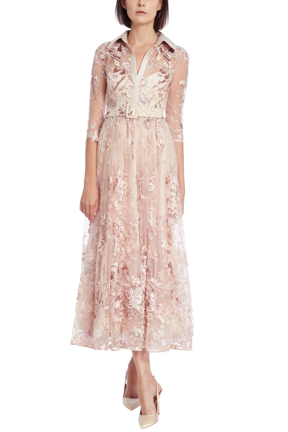 Badgley Mischka Floral Embroidered Tulle Cocktail Dress in Primrose