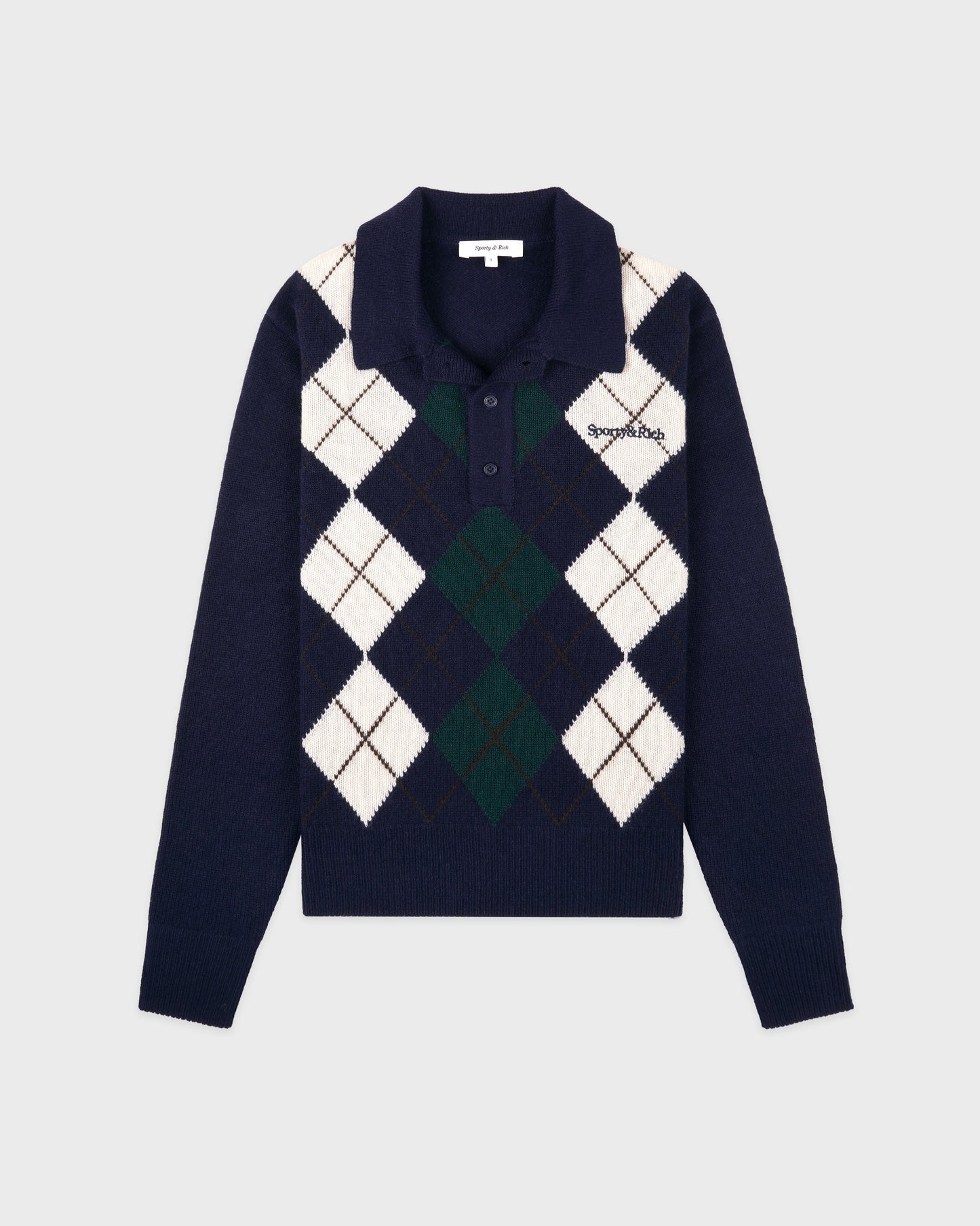 Sporty & RIch Serif Logo Argyle Cashmere Polo in Dark Navy